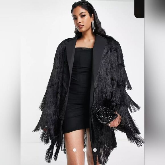 NWT ASOS DESIGN Oversized Fringed Blazer in Black - Size 12 - Picture 1 of 10